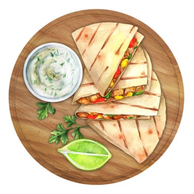 Lezzetli quesadilla, limon ve soslu pansiyon. Suluboya resimler, ulusal Meksika yemekleri. Restoran menüsü tasarımı, el ilanları ve yemek kitabı için elverişli
