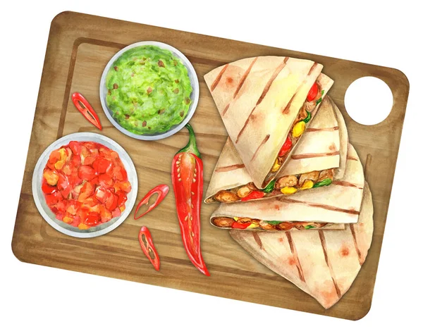 Grilled quesadillas on wooden board and with salsa and guacamole. Mexican cuisine concept. Watercolor illustrations national Mexican food. Suitable for restaurant, menu and cookbook
