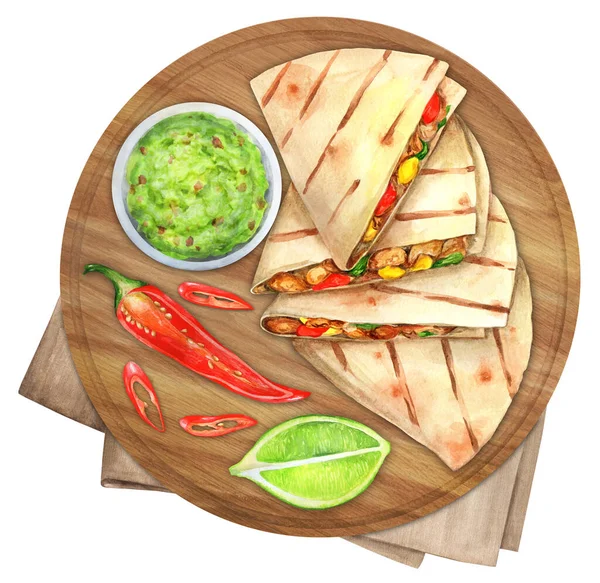Grillade Quesadillas Träskiva Med Salsa Och Chili Mexikanska Köket Koncept — Stockfoto