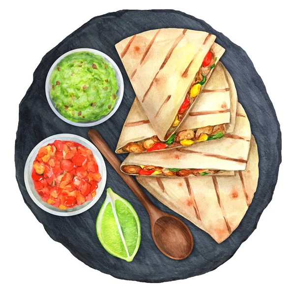 Quesadillas with chicken and cheese served with salsa and guacamole on stone plate. Watercolor illustrations national Mexican food. Suitable for restaurant, menu and cookbook