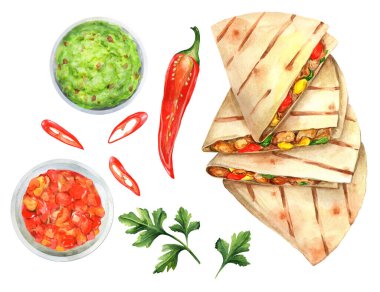 Meksika quesadilla 'sı tavuk, peynir ve biberli salsa soslu ve guacamole soslu beyaz arka planda. Suluboya resimler, ulusal Meksika yemekleri. Restoran, menü ve yemek kitabı için uygun