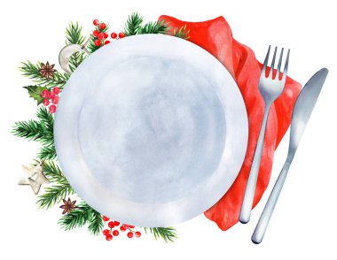 Beyaz izole edilmiş arka planda Noel dekoruyla güzel bir Noel masası. Yılbaşı ve yeni yıl için tasarım. Suluboya el çizimi çizimi