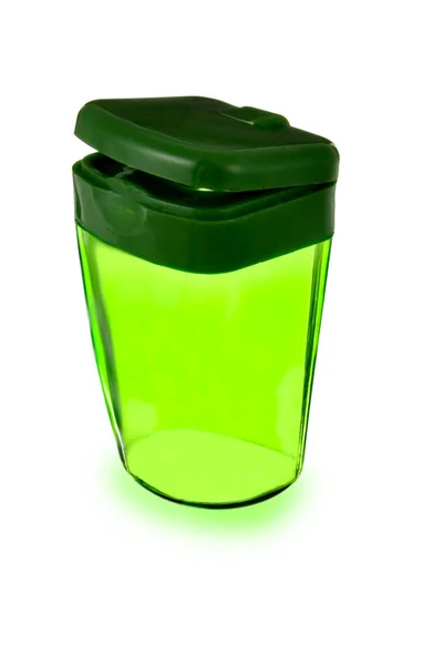 Caixa Para Lixo Balde Plástico Transparente Cor Verde Fundo Branco — Fotografia de Stock