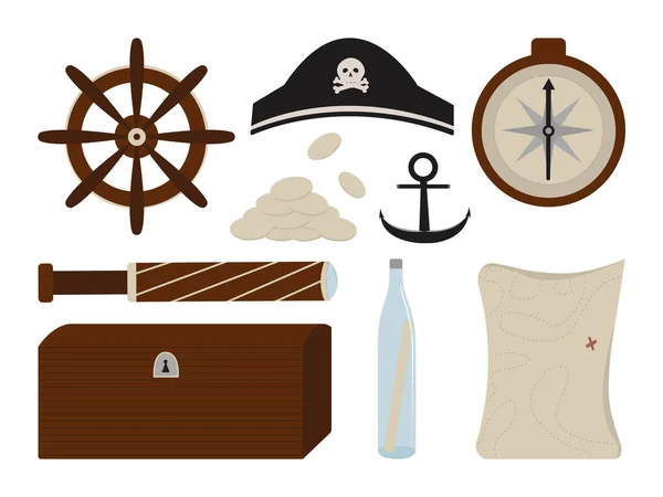 Пиратский Набор Шляпы Рулевого Колеса Шпильки Монет Сундука Компаса Аниме — стоковый вектор