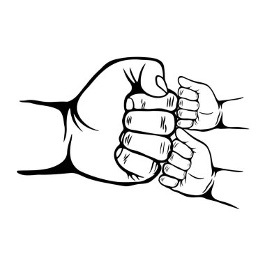 Baba ve iki oğul yumruk tokuşturur, ebeveyn ve iki çocuk yumruk tokuşturur, Babalar Günün kutlu olsun. İki çocuk ve bir yetişkinin el hareketi. Babalık yaşam tarzı. Düz tasarım.