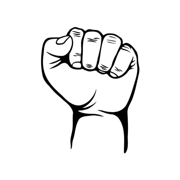 hands clenched power strength. Raised fist line art. Male hand raised, palm of your hand to us compressed in a fist. concept of power, superiority, leadership, a realistic black and white sketch illus