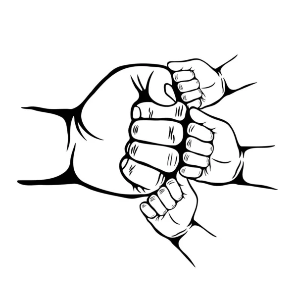 Baba ve üç oğul yumruk tokuşturur, ebeveyn ve üç çocuk yumruk tokuşturur, Babalar Günün kutlu olsun. Üç çocuk ve bir yetişkinin el hareketi. Babalık yaşam tarzı. Düz tasarım.