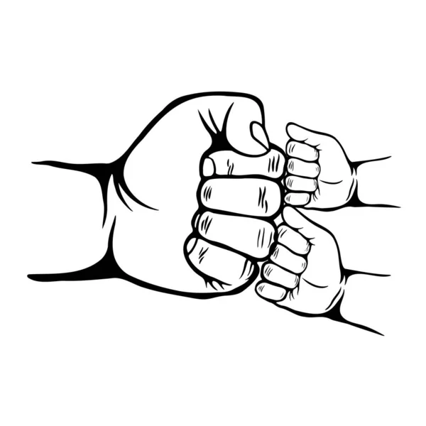 Baba ve iki oğul yumruk tokuşturur, ebeveyn ve iki çocuk yumruk tokuşturur, Babalar Günün kutlu olsun. İki çocuk ve bir yetişkinin el hareketi. Babalık yaşam tarzı. Düz tasarım.