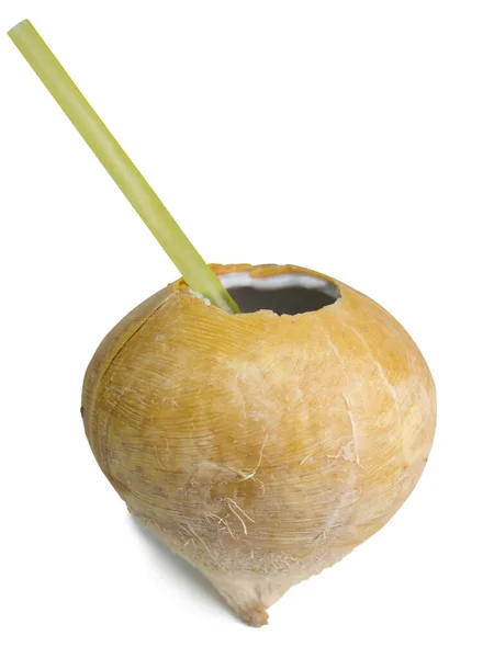 新鲜椰子与饮用分离的白色背景 快捷方式 — 图库照片
