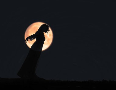Dolunayda uzun saçlı güzel bir kızın silueti.. 