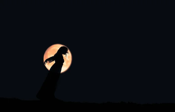 Black Silhouette Beautiful Girl Long Hair Full Moon Background — Stock Photo, Image