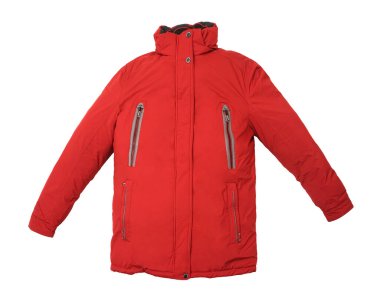 Yakalı şık kırmızı erkek ceketi ve beyaz arka planda izole edilmiş bir sürü cebi var. 