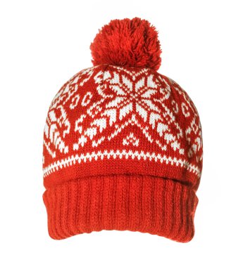 Kar taneleri desenli kırmızı örülü şapka.