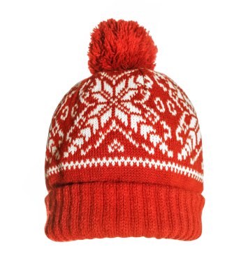 Kar taneleri desenli kırmızı örülü şapka.