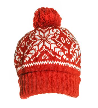 Kar taneleri desenli kırmızı örülü şapka.