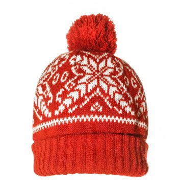 Kar taneleri desenli kırmızı örülü şapka.