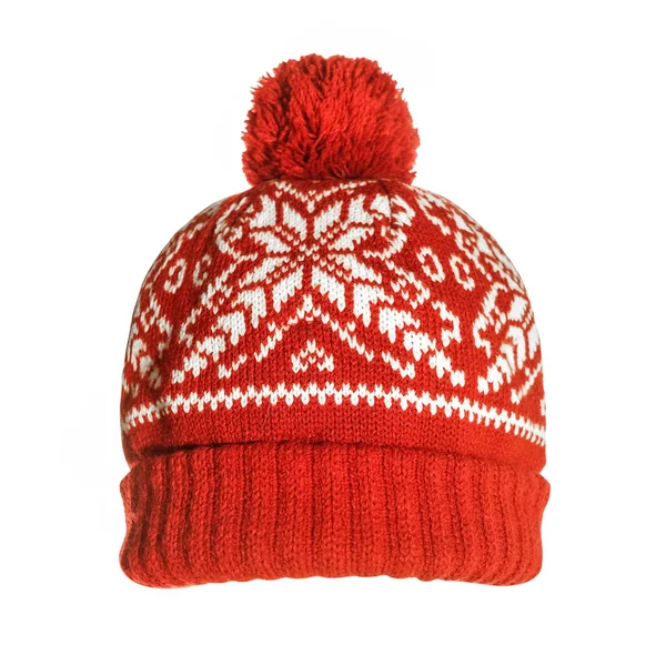 Chapeau Tricoté Rouge Avec Motif Flocons Neige — Photo