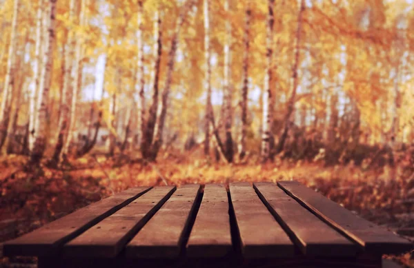 秋に空のトップ木製のテーブル 木のテーブルの上葉が森の中に落ちている 秋の季節背景 — ストック写真
