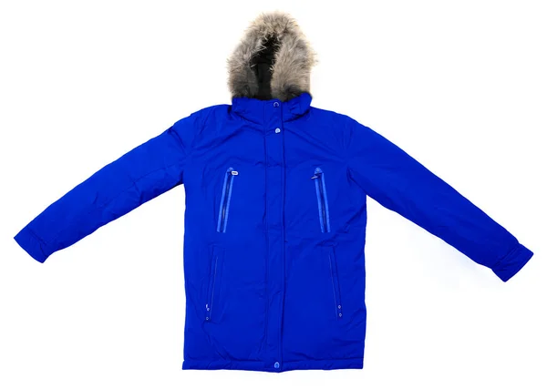 Stylische Blaue Jacke Mit Pelziger Kapuze Auf Weißem Hintergrund — Stockfoto