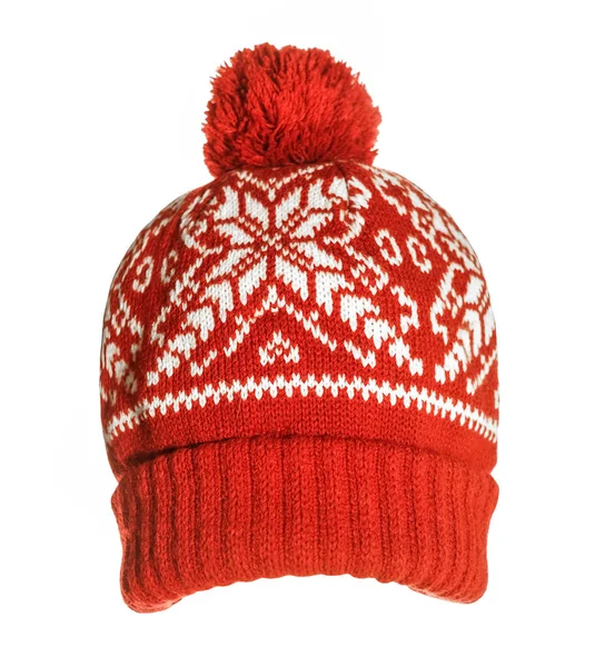 赤いニット帽に雪の結晶模様 — ストック写真