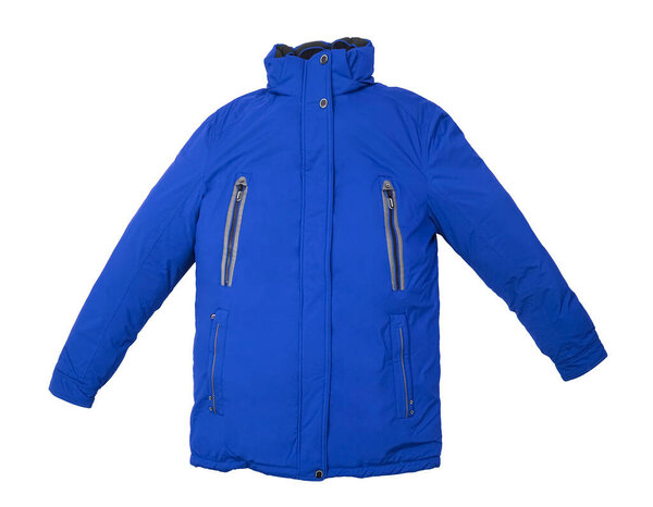 stylish blue  male jacket  with collar and many pockets isolated on white background 