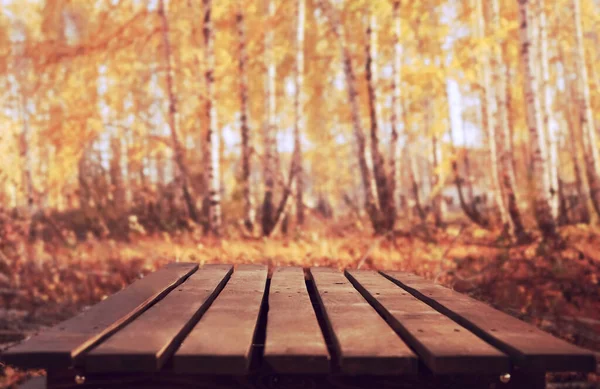秋に空のトップ木製のテーブル 木のテーブルの上葉が森の中に落ちている 秋の季節背景 — ストック写真