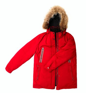 Beyaz arka planda kürklü kapüşonlu şık kırmızı erkek ceketi 