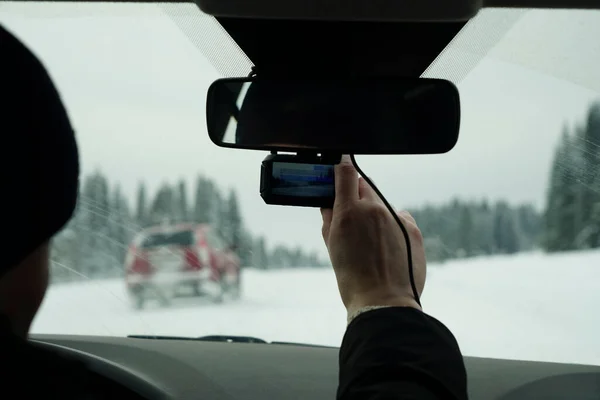 Kamera Samochodowa Kamera Samochodowa Zainstalowana Wewnątrz Samochodu Zamazanym Tłem Autostrady — Zdjęcie stockowe