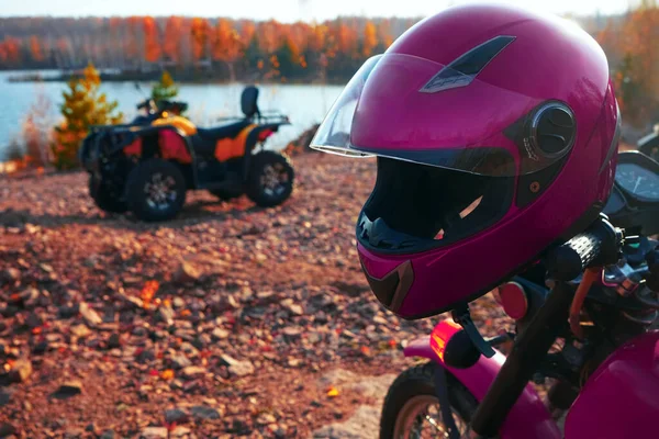 Helmet Handlebars Motorcycle Background Atv Lake Autumn Forest — Stock Photo, Image