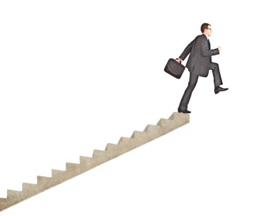 Elinde evrak çantası olan bir iş adamı merdivenlerin kenarında koşar. Beyaz arka planda izole edilmiş. Uçurumun üzerinde..