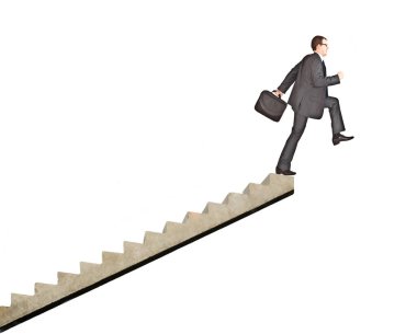 Elinde evrak çantası olan bir iş adamı merdivenlerin kenarında koşar. Beyaz arka planda izole edilmiş. Uçurumun üzerinde..