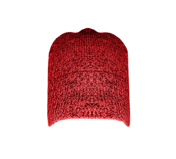 Ζεστό Κόκκινο Πλεκτό Καπέλο Απομονώνονται Λευκό Φόντο Κορυφή Μπροστινή Όψη — Φωτογραφία Αρχείου