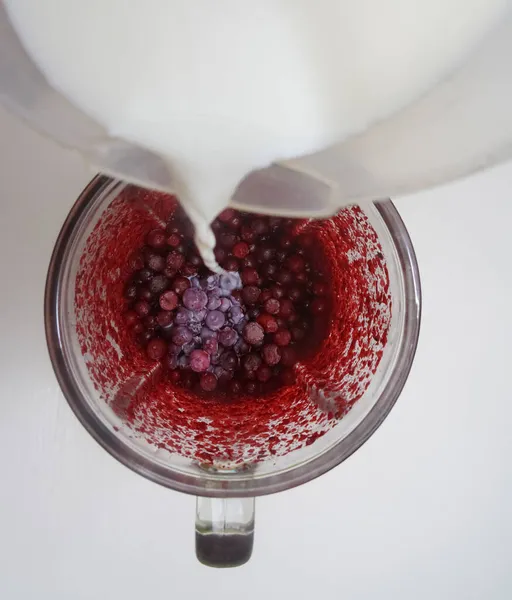 Tigela Liquidificador Vidro Cheio Cranberries Para Uma Bebida Smoothie Vista — Fotografia de Stock
