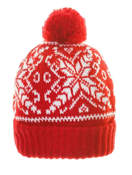 赤いニット帽に雪の結晶模様 — ストック写真