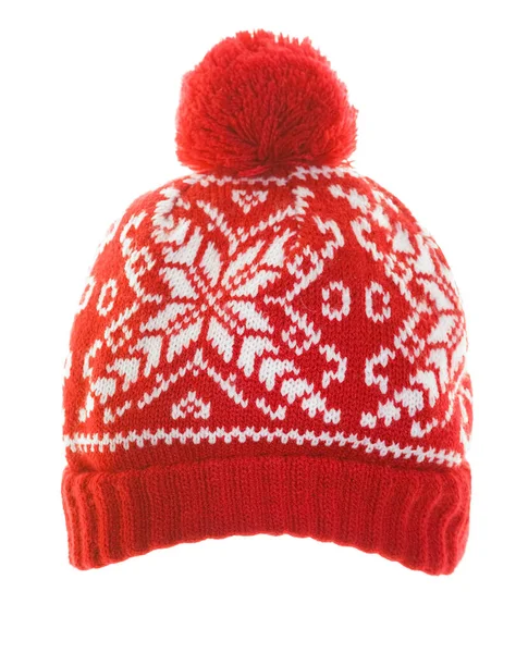 Kar taneleri desenli kırmızı örülü şapka.