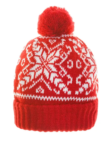 Κόκκινο Πλεκτό Καπέλο Νιφάδες Χιονιού Μοτίβο — Φωτογραφία Αρχείου