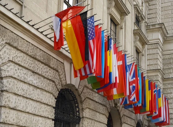 Flags Many Different Countries Flying Stone Building Image Has Copy — Stock Photo, Image