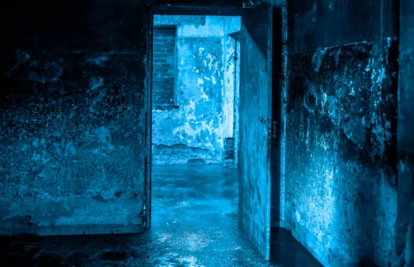 Pasillo Quemado Con Puerta Abierta Cuarto Oscuro Abandonado Oscuro Sombrío —  Fotos de Stock