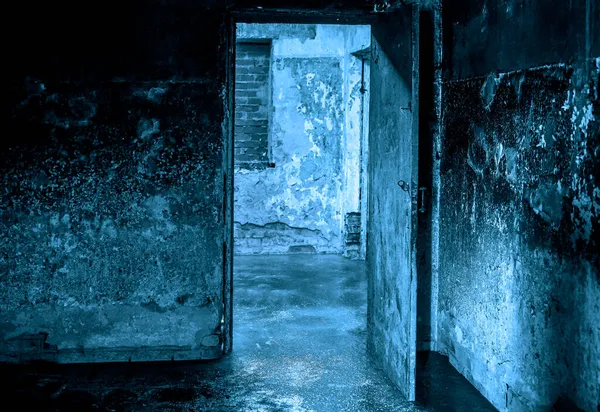 放棄された暗い部屋のオープンドアで焼かれた廊下 暗い暗い廃墟の部屋 — ストック写真
