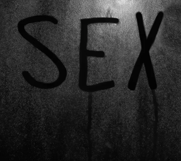 Palabra Sexy Escrito Por Dedo Cristal Ventana Noche Sudorosa Imagen — Foto de Stock