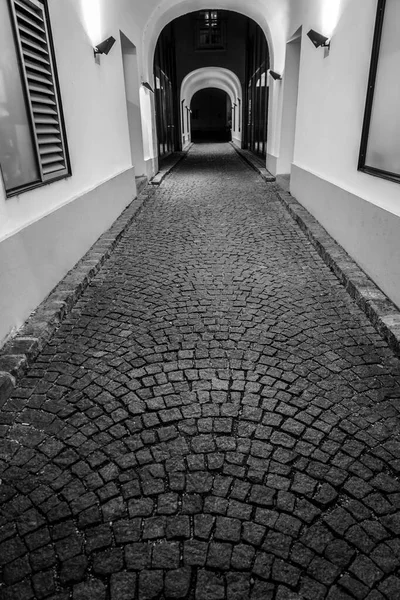 Keskeny Macskaköves Utca Régi Középkori Város Salzburg Ausztria — Stock Fotó