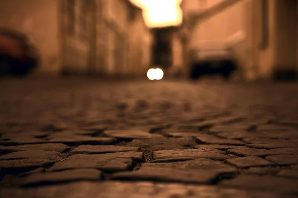 Παλιά Πόλη Στην Ευρώπη Ηλιοβασίλεμα Ρετρό Πέτρα Βότσαλο Αντίκα Πλακόστρωτο — Φωτογραφία Αρχείου