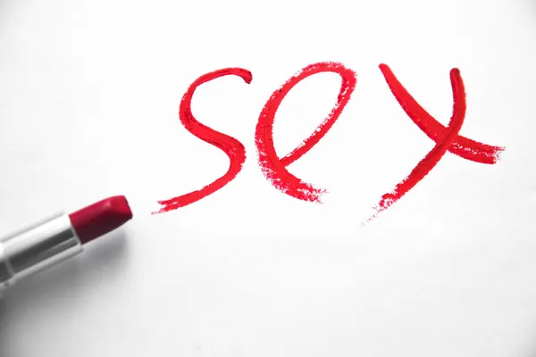 Kelime Beyaz Arka Planda Seks Yazarlığı Ruj Izole Edilmiş Kırmızı — Stok fotoğraf