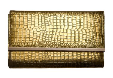 Beyaz arka planda izole edilmiş altın deri debriyaj. sarı laquer çanta 