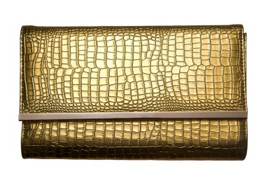 Beyaz arka planda izole edilmiş altın deri debriyaj. sarı laquer çanta 