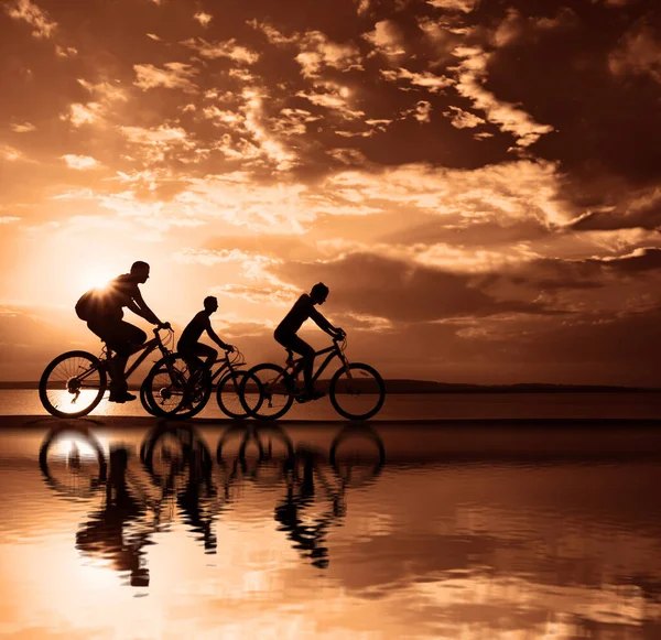 Leerer Raum Sportliche Freunde Auf Fahrrädern Bei Sonnenuntergang Radfahrer Die — Stockfoto