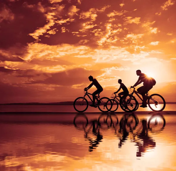 Espacio Vacío Amigos Deportivos Bicicletas Atardecer Ciclistas Largo Costa Deporte —  Fotos de Stock