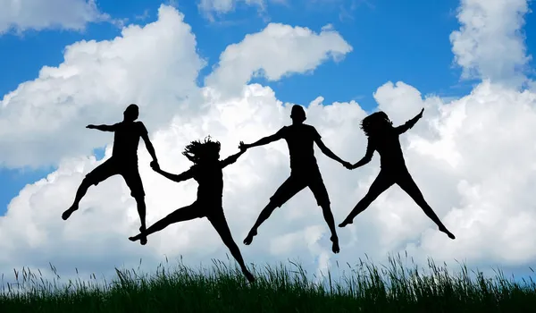 Group Silhouette Young People Holding Hands Dancing Jumping Heaven Spring — Stock Photo, Image