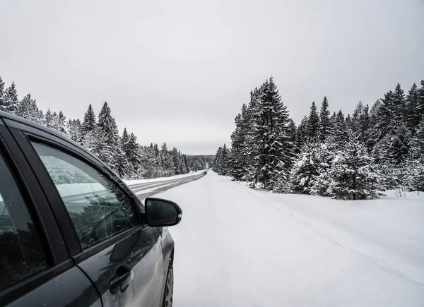 Yolcu Vagonu Ormanda Karlı Bir Kış Yolunda Gidiyor Kışın Bulutlu — Stok fotoğraf