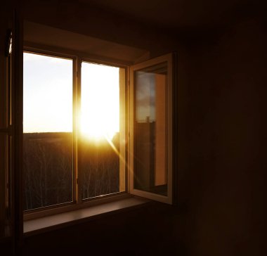 Güneşin doğuşu ve ormanın penceresinden inanılmaz bir manzara. Windows 'ta günbatımı. sonbahar sezonu. 